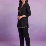 Black Cotton Slub Applique Dori Work Co-ord Set