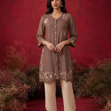Mushroom Brown Embroidered Mul Chanderi Co-ord Set