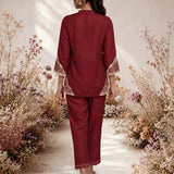 Zia Red Dori Embroidered Shantoon Blend Co-ord Set