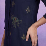 Navy Blue Floral Embroidered Straight Co-ord Set