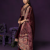 Vedhi Maroon Embroidered Velvet A-line Suit Set with Brasso Dupatta