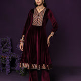 Vedhi Maroon Embroidered Velvet A-line Suit Set with Brasso Dupatta