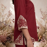 Zia Red Dori Embroidered Shantoon Blend Co-ord Set