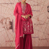 Joy Carmine Red Embroidered Rayon Salwar Suit Set with Dupatta