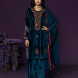 Keyari Teal Embroidered Velvet Salwar Suit Set with Dupatta