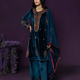Keyari Teal Embroidered Velvet Salwar Suit Set with Dupatta