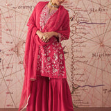 Joy Carmine Red Embroidered Rayon Salwar Suit Set with Dupatta