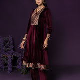 Vedhi Maroon Embroidered Velvet A-line Suit Set with Brasso Dupatta