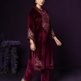 Gulal Maroon Embroidered Velvet Suit Set with Banarasi Dupatta