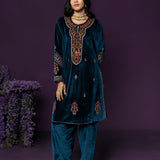 Keyari Teal Embroidered Velvet Salwar Suit Set with Dupatta