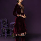 Vedhi Maroon Embroidered Velvet A-line Suit Set with Brasso Dupatta