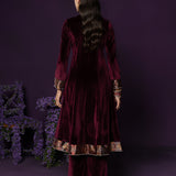 Vedhi Maroon Embroidered Velvet A-line Suit Set with Brasso Dupatta