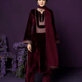 Fareen Maroon Embroidered Velvet Suit Set with Dupatta