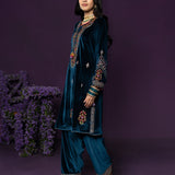 Keyari Teal Embroidered Velvet Salwar Suit Set with Dupatta