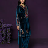 Keyari Teal Embroidered Velvet Salwar Suit Set with Dupatta