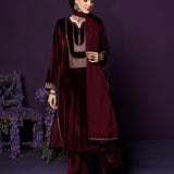 Fareen Maroon Embroidered Velvet Suit Set with Dupatta