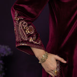 Gulal Maroon Embroidered Velvet Suit Set with Banarasi Dupatta