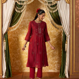 Aavika Vermillion Red Embroidered Suit Set
