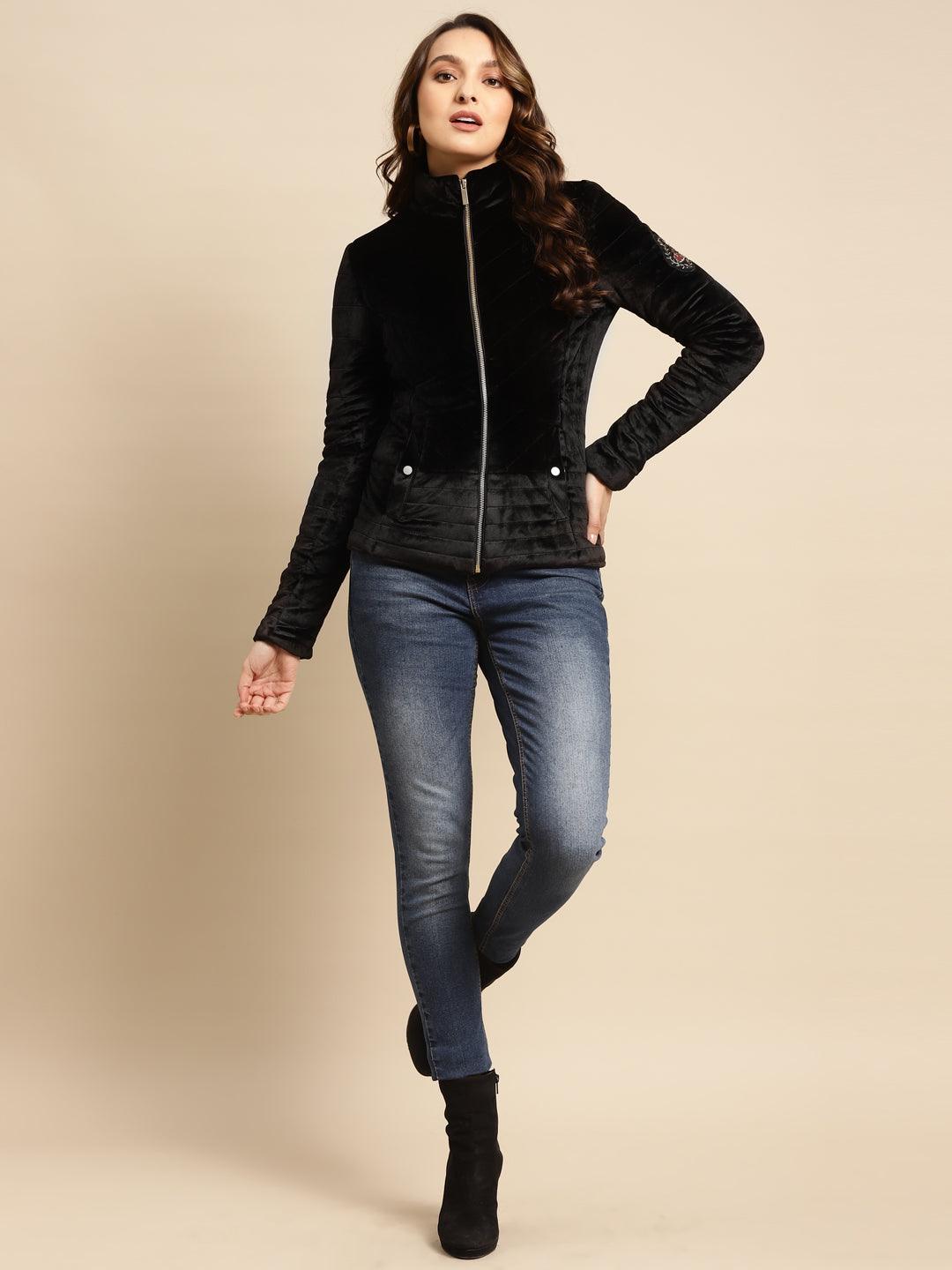 Black Regular Plain Velour Zipper Jacket - Lakshita