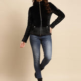 Black Regular Plain Velour Zipper Jacket - Lakshita