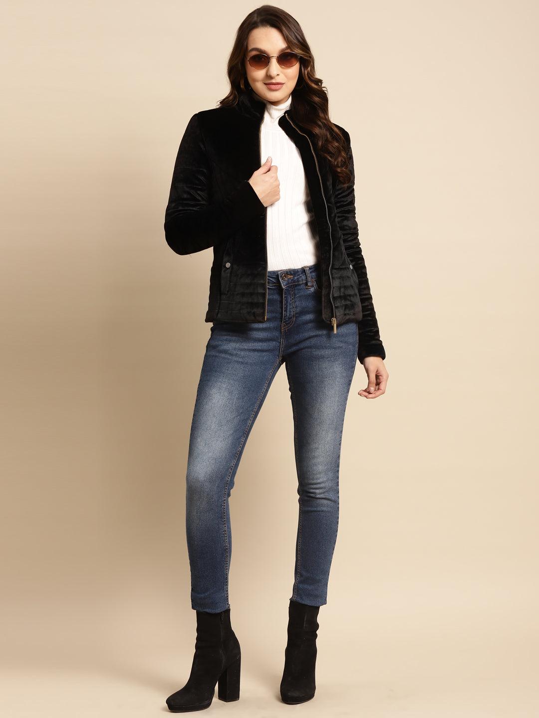 Black Regular Plain Velour Zipper Jacket - Lakshita