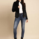 Black Regular Plain Velour Zipper Jacket - Lakshita