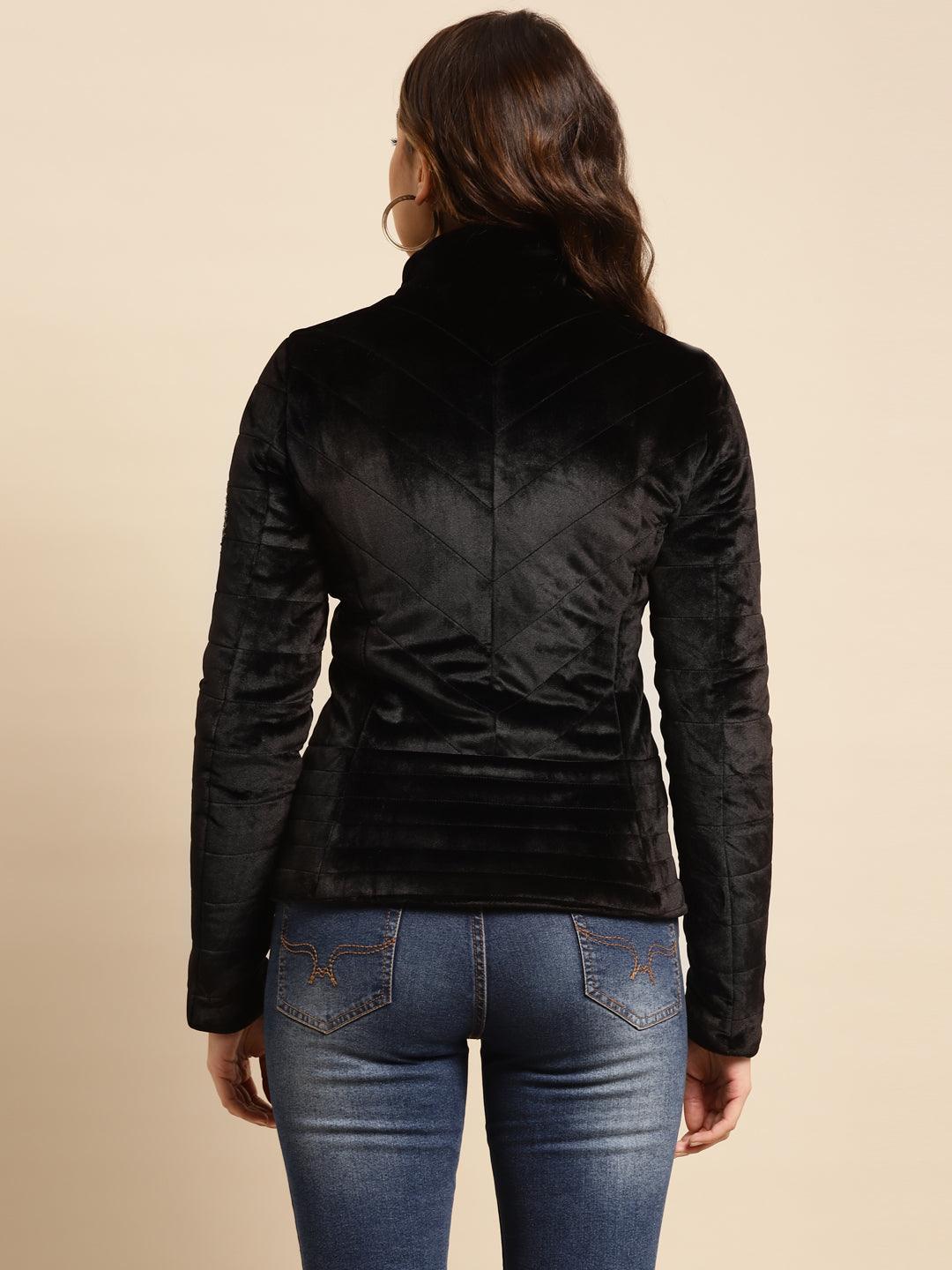 Black Regular Plain Velour Zipper Jacket - Lakshita