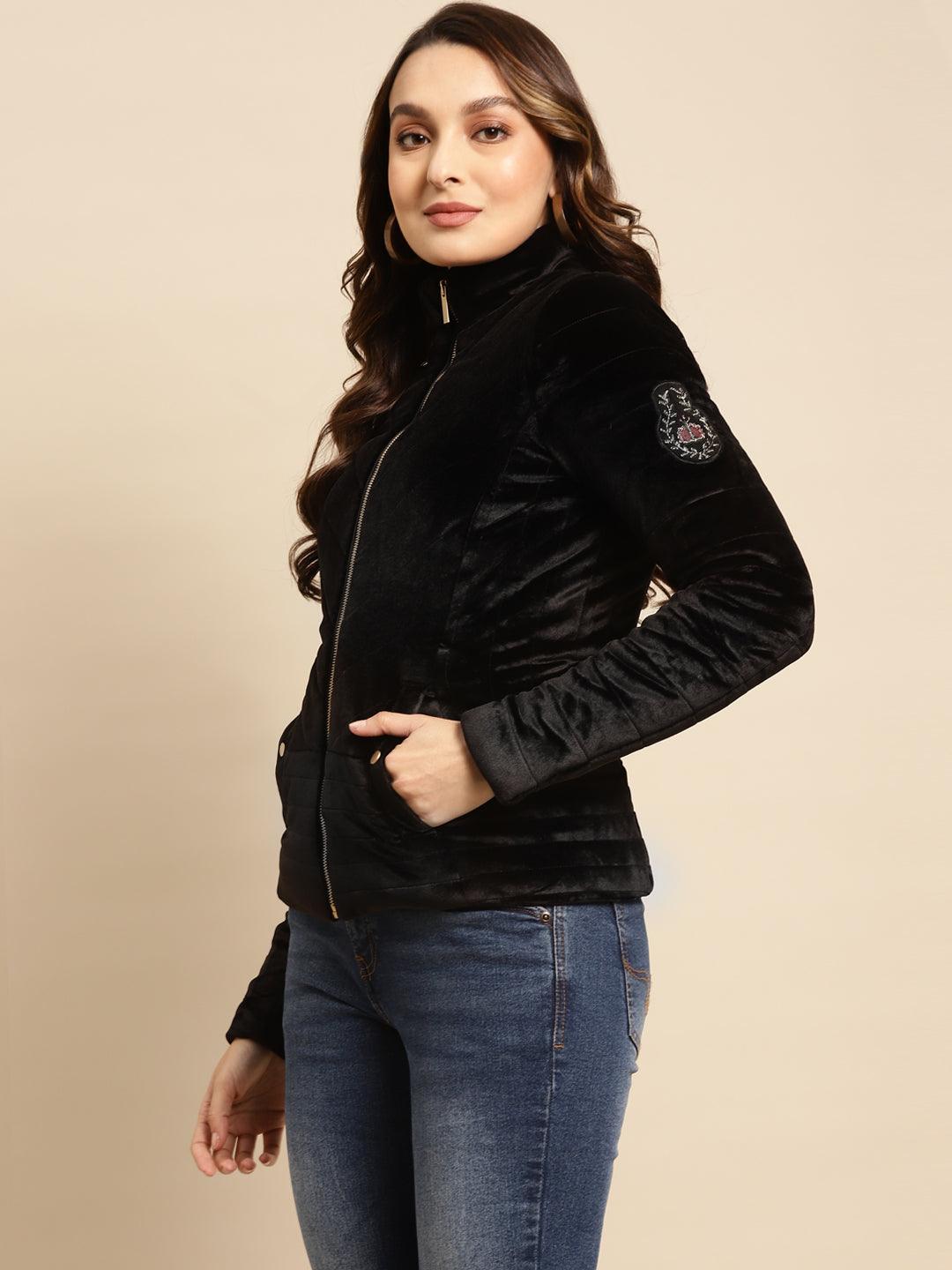 Black Regular Plain Velour Zipper Jacket - Lakshita