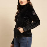 Black Regular Plain Velour Zipper Jacket - Lakshita