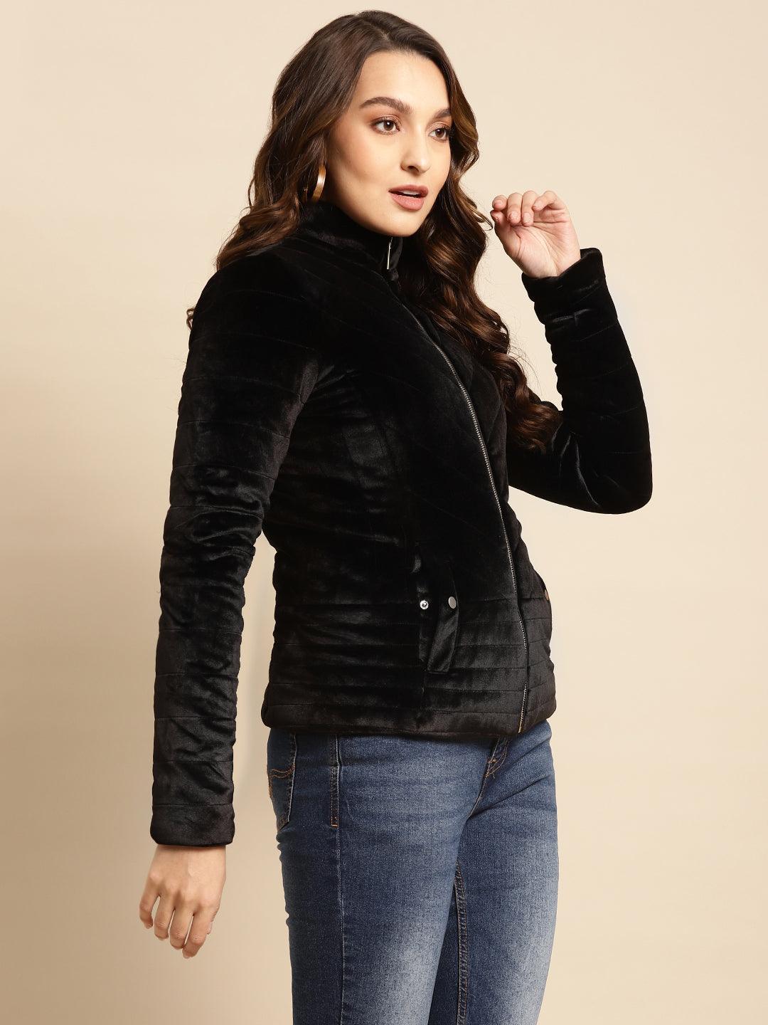 Black Regular Plain Velour Zipper Jacket - Lakshita