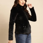 Black Regular Plain Velour Zipper Jacket - Lakshita