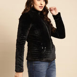 Black Regular Plain Velour Zipper Jacket - Lakshita