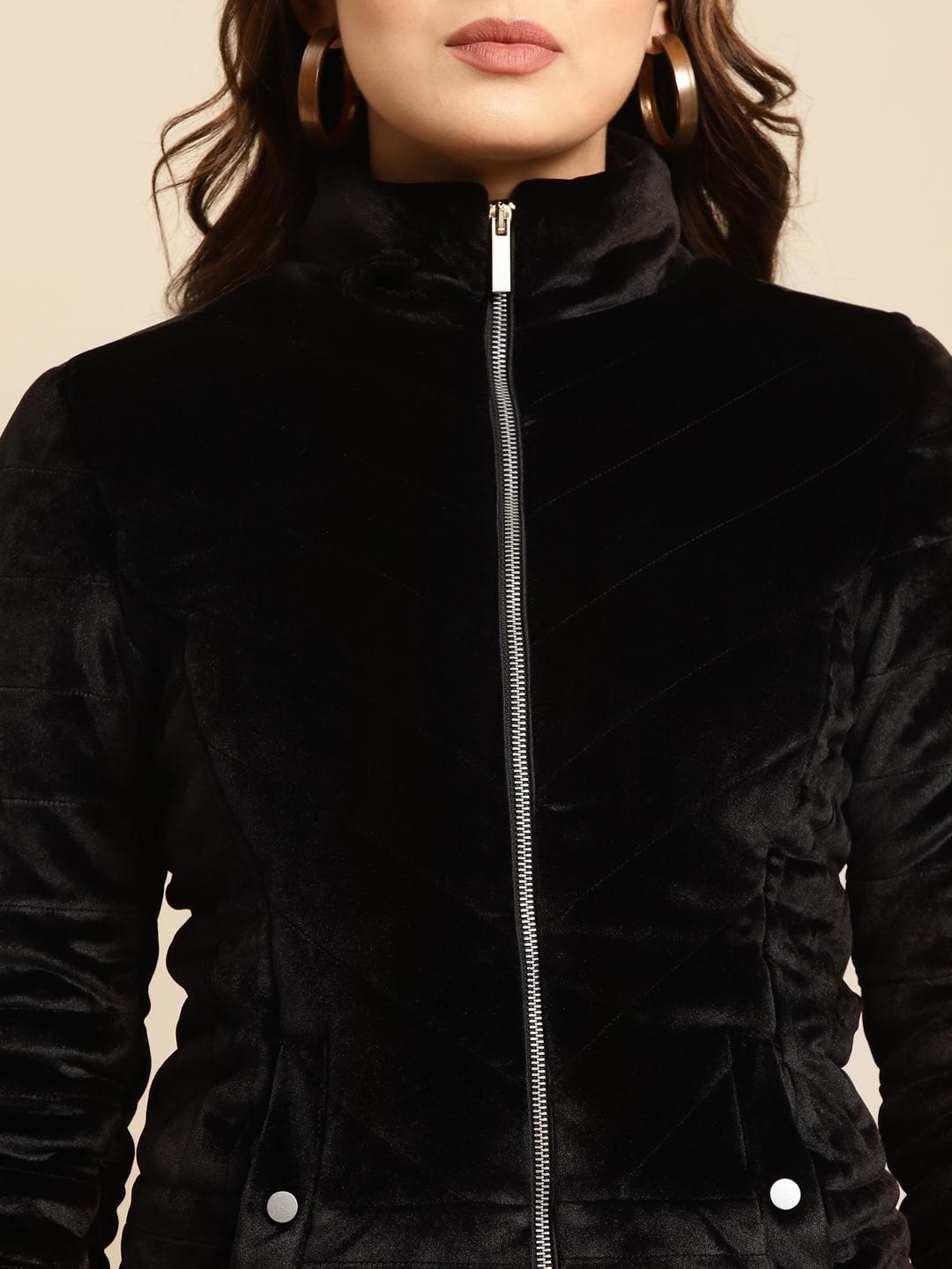 Black Regular Plain Velour Zipper Jacket - Lakshita