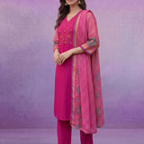 Fuchsia Printed Suit Set with Applique Neckline