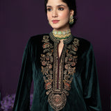 Eshira Emerald Green Embroidered Velvet Suit Set with Banarasi Dupatta