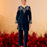 Siya Deep Teal Embroidered Velvet Corduroy Co Ord Set