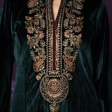 Eshira Emerald Green Embroidered Velvet Suit Set with Banarasi Dupatta