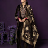 Eshira Brown Embroidered Velvet Suit Set with Banarasi Dupatta