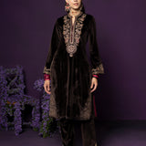 Eshira Brown Embroidered Velvet Suit Set with Banarasi Dupatta
