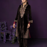 Eshira Brown Embroidered Velvet Suit Set with Banarasi Dupatta