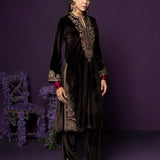 Eshira Brown Embroidered Velvet Suit Set with Banarasi Dupatta
