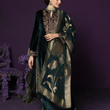 Eshira Emerald Green Embroidered Velvet Suit Set with Banarasi Dupatta