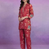 Red Cotton Blend Printed Sequin Co-ord Set