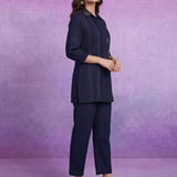 Navy Blue Floral Embroidered Straight Co-ord Set
