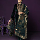Eshira Emerald Green Embroidered Velvet Suit Set with Banarasi Dupatta