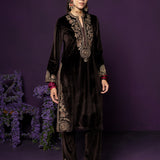 Eshira Brown Embroidered Velvet Suit Set with Banarasi Dupatta