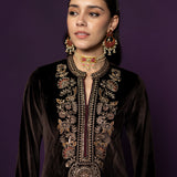 Eshira Brown Embroidered Velvet Suit Set with Banarasi Dupatta