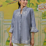 Anaya Stone Blue Embroidered Linen-Textured Shirt