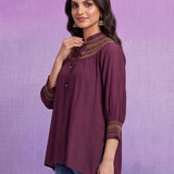 Women’s Wine Viscose Smocked Yoke Straight Tunic