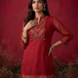 Zaria Blood Red Embroidered Chinon Tunic